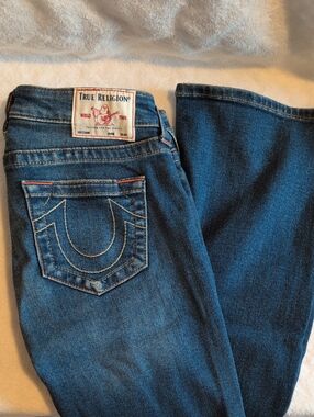 True Religion Women's Blue Bootcut Jeans with Signature Pocket Stitching